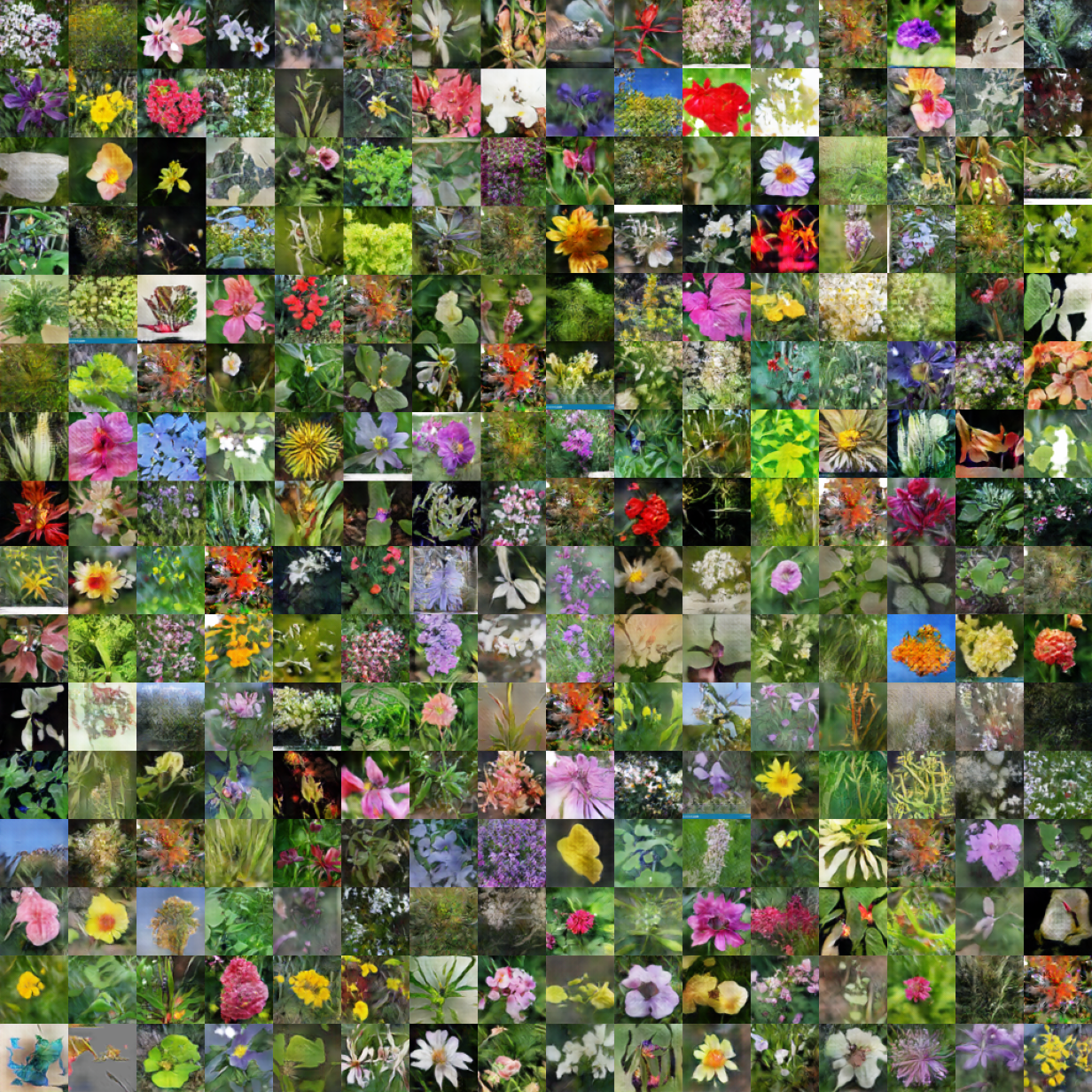 A grid of 256 synthesized flowers that look real at first glance, but are fake upon closer inspection.